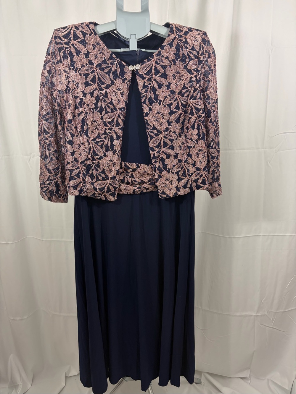 NWT JH Evenings Women’s Size 16 Navy Long Sleeve Dress with Pink Lace Jacket